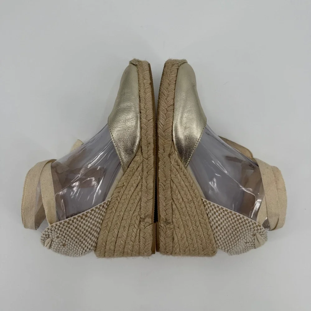 Boden Metallic Gold Espadrille Wedges Ribbon Ankle Tie Made in Spain Size 38